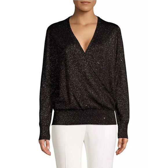 Lafayette 148 New York Sequin Metallic V-Neck Sweater Black Small Silk blend - Picture 1 of 10